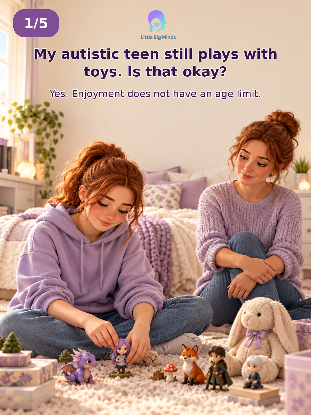 An autistic teenager enjoying figures at home while her parent sits nearby supportively